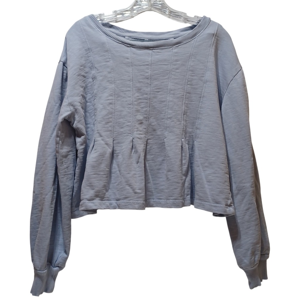 Anthro Pilcro Box Pleated Crop Sweatshirt Womens M Blue Cotton Coastal Lounge - Picture 2 of 10